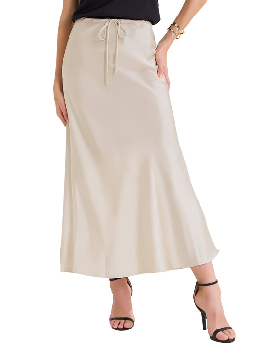 Women's Satin High Waist Drawstring Flared Summer A-Line Maxi Skirt