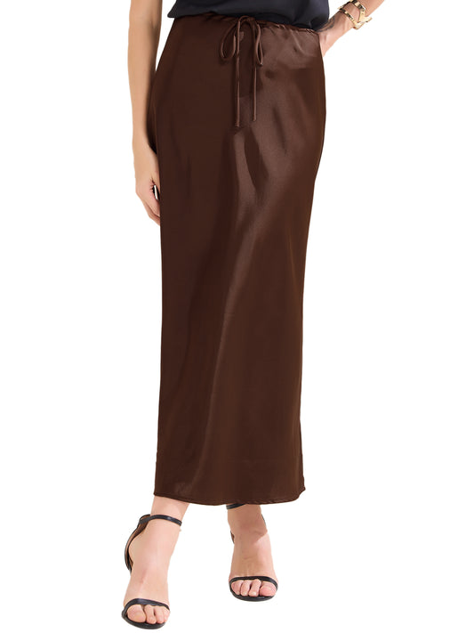 Women's Satin High Waist Drawstring Flared Summer A-Line Maxi Skirt