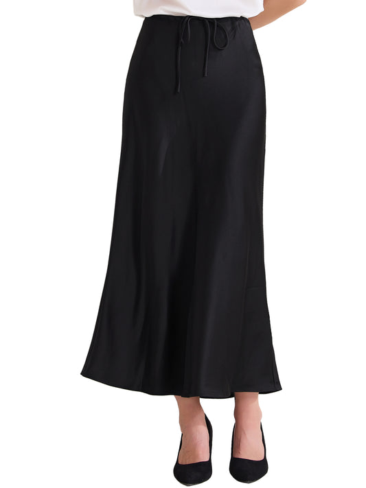Women's Satin High Waist Drawstring Flared Summer A-Line Maxi Skirt
