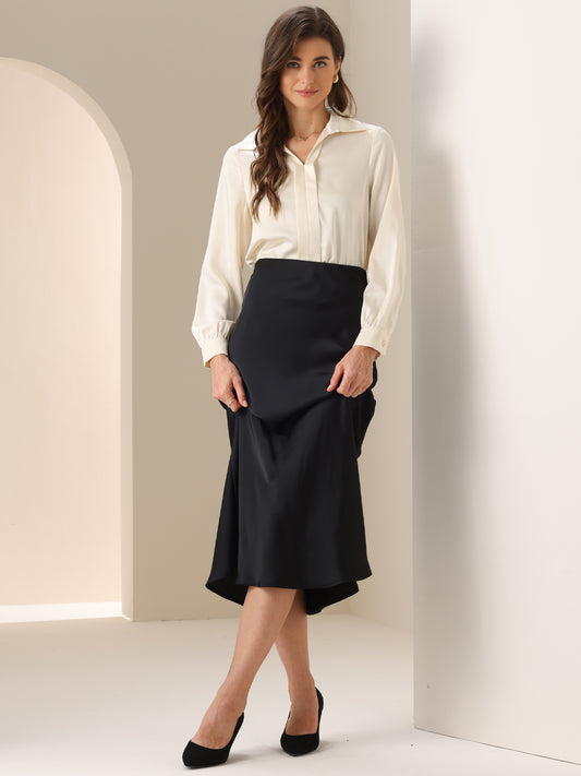 Women's Satin Blouse Bodysuit V Neck Long Sleeve Business Work Collared Shirt Top Bodysuit