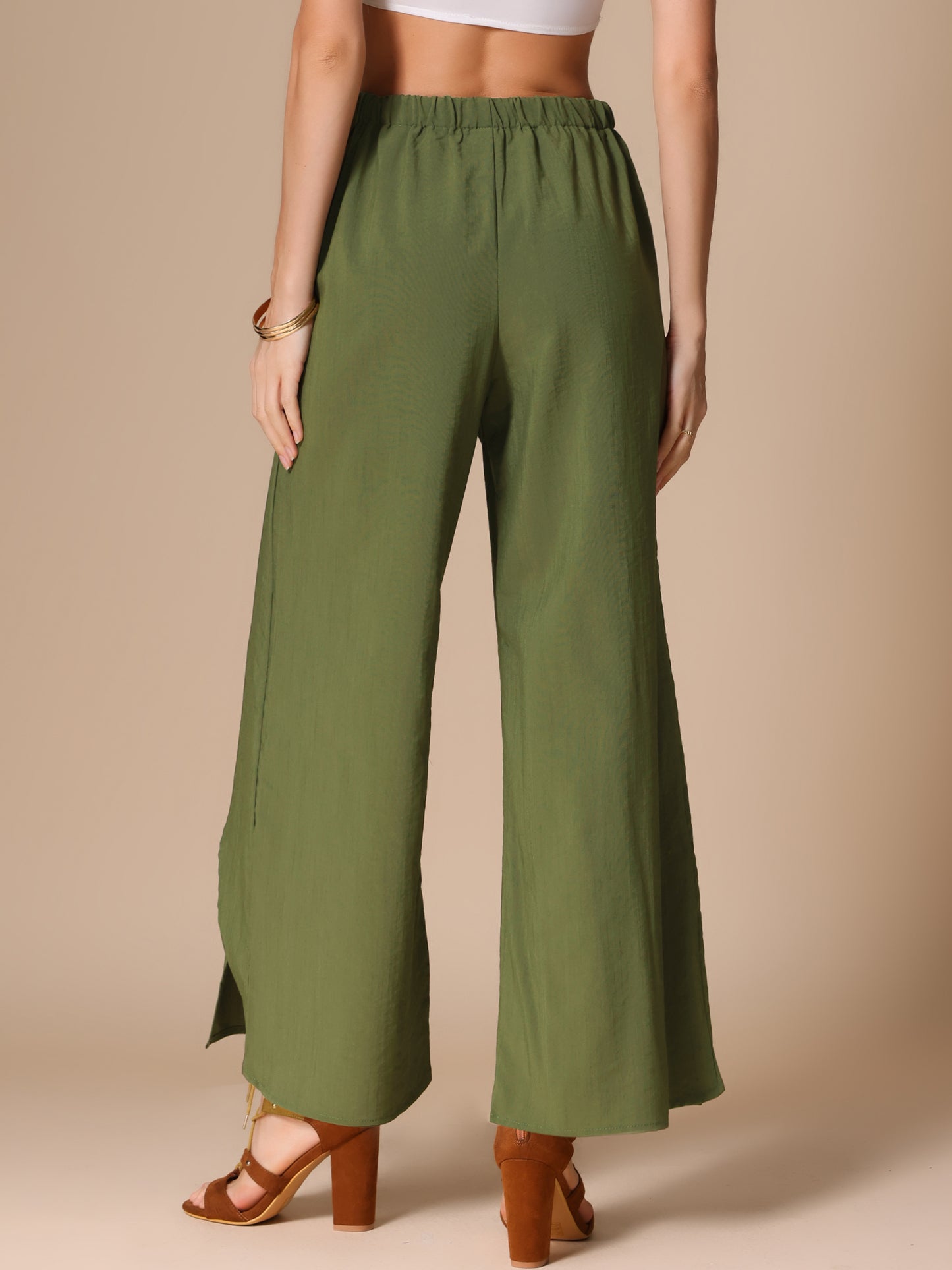 Women's Casual Wide Legs Pants Elastic High Waist Split Side Loose Trousers