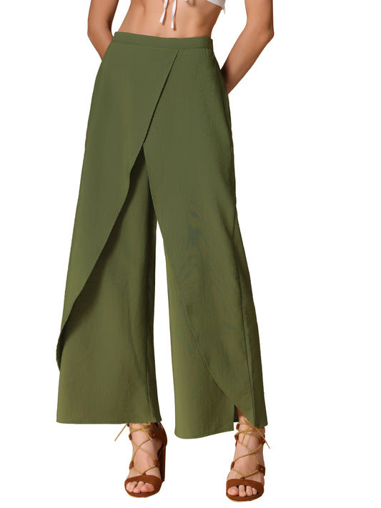 Pantalones casuales de pierna ancha para mujer, cintura alta elástica, pantalones holgados con abertura lateral