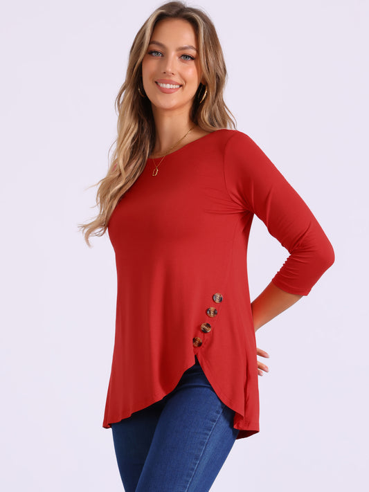 Women's Tunic T-shirt Loose Asymmetry Hem 3/4 Sleeve Round Neck Casual Basic Top