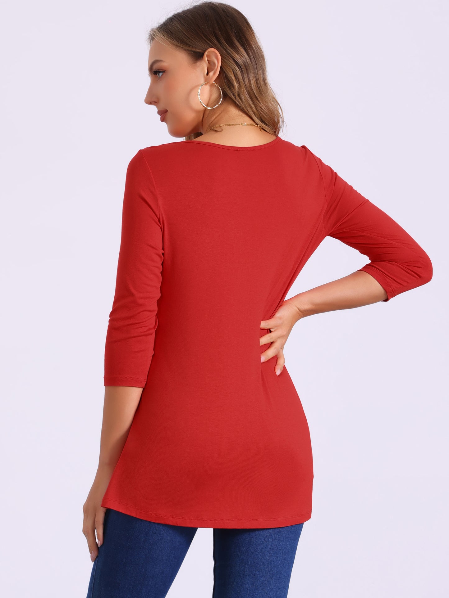 Women's Tunic T-shirt Loose Asymmetry Hem 3/4 Sleeve Round Neck Casual Basic Top
