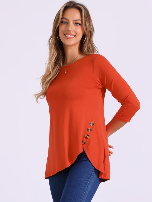 Women's Tunic T-shirt Loose Asymmetry Hem 3/4 Sleeve Round Neck Casual Basic Top