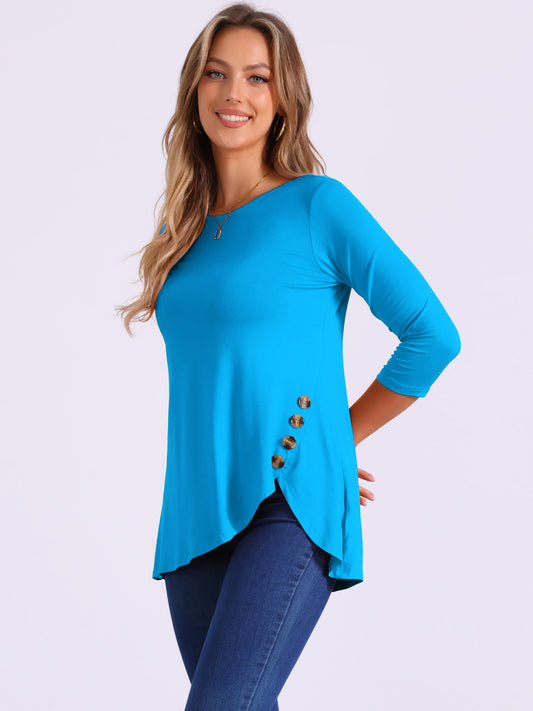 Women's Tunic T-shirt Loose Asymmetry Hem 3/4 Sleeve Round Neck Casual Basic Top