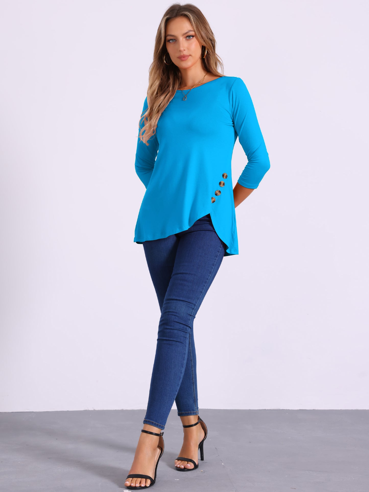 Women's Tunic T-shirt Loose Asymmetry Hem 3/4 Sleeve Round Neck Casual Basic Top