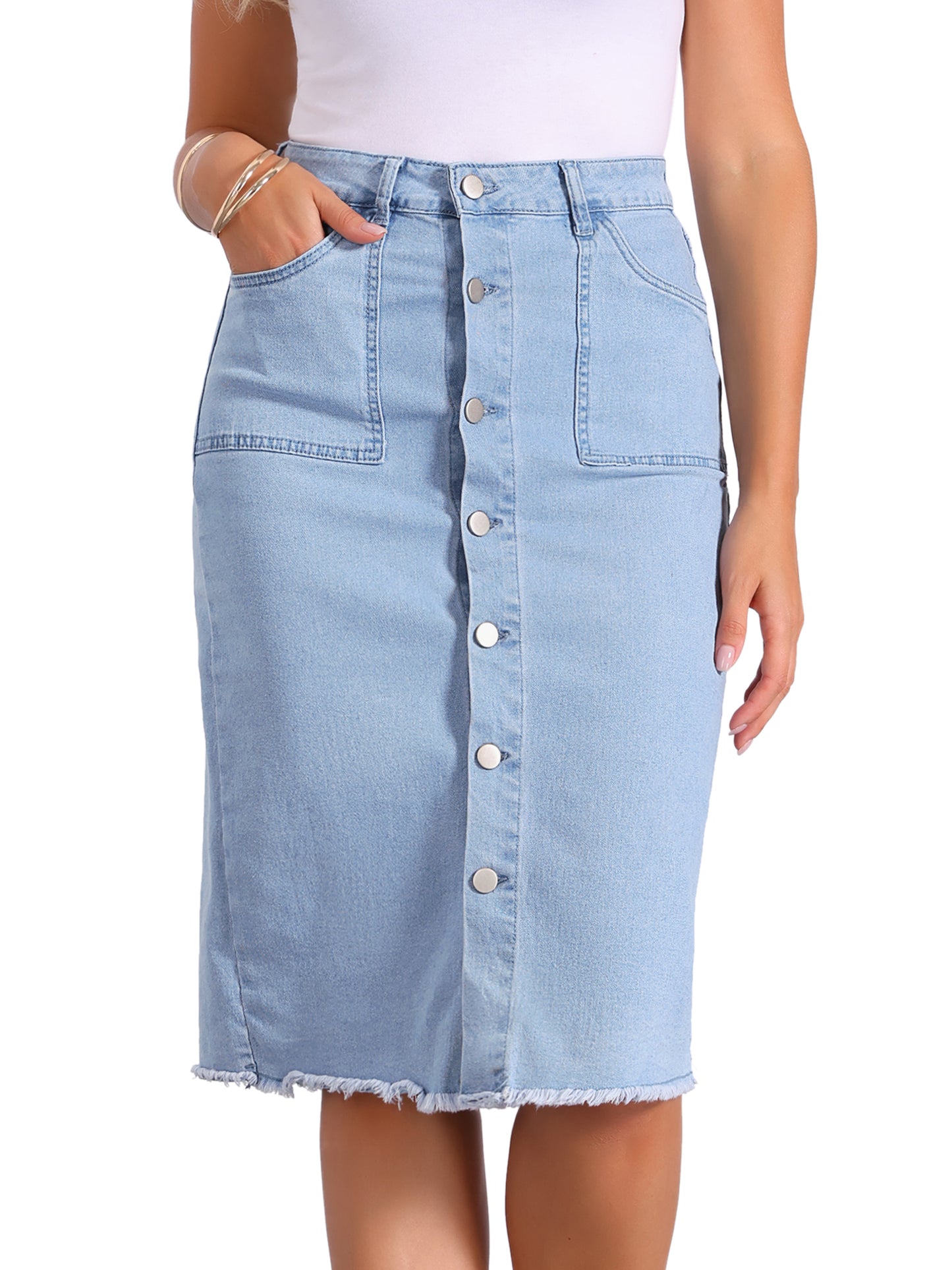 Women's Button Down High Waist Frayed Raw Hem Jean Midi Denim Skirt