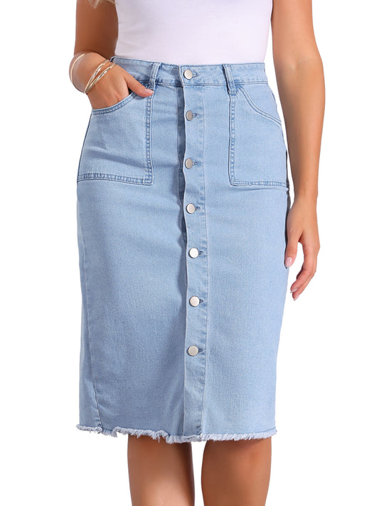 Women's Button Down High Waist Frayed Raw Hem Jean Midi Denim Skirt