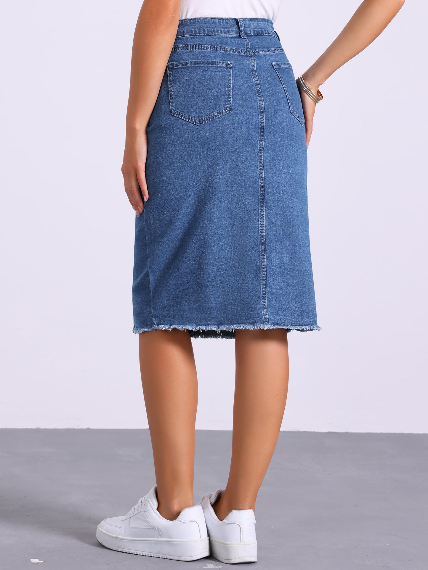 Women's Button Down High Waist Frayed Raw Hem Jean Midi Denim Skirt