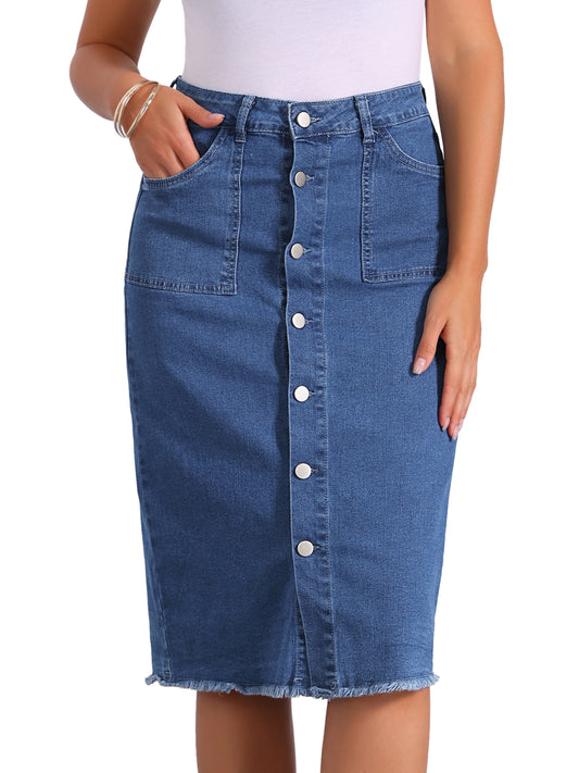 Women's Button Down High Waist Frayed Raw Hem Jean Midi Denim Skirt