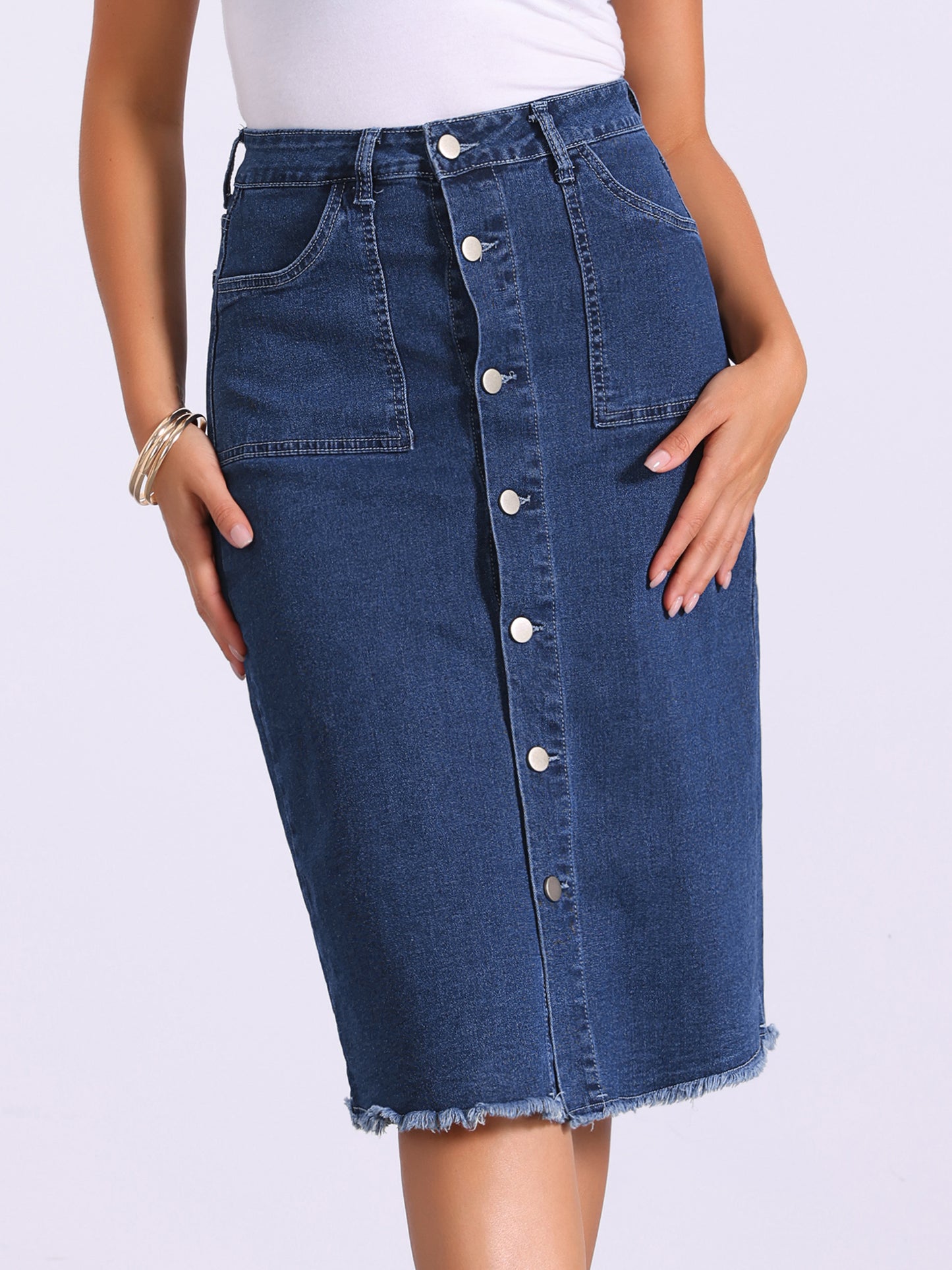 Falda vaquera midi con botones, cintura alta, dobladillo deshilachado y botones para mujer