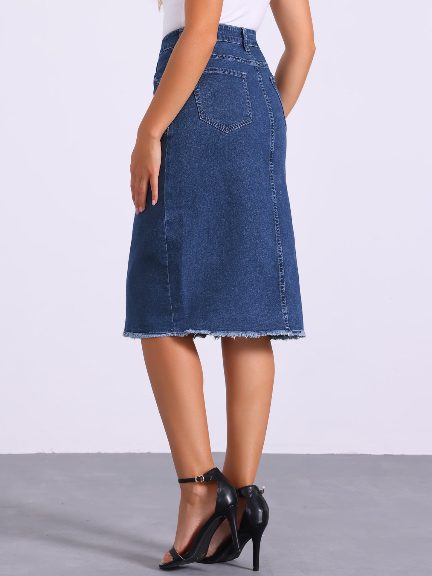 Falda vaquera midi con botones, cintura alta, dobladillo deshilachado y botones para mujer