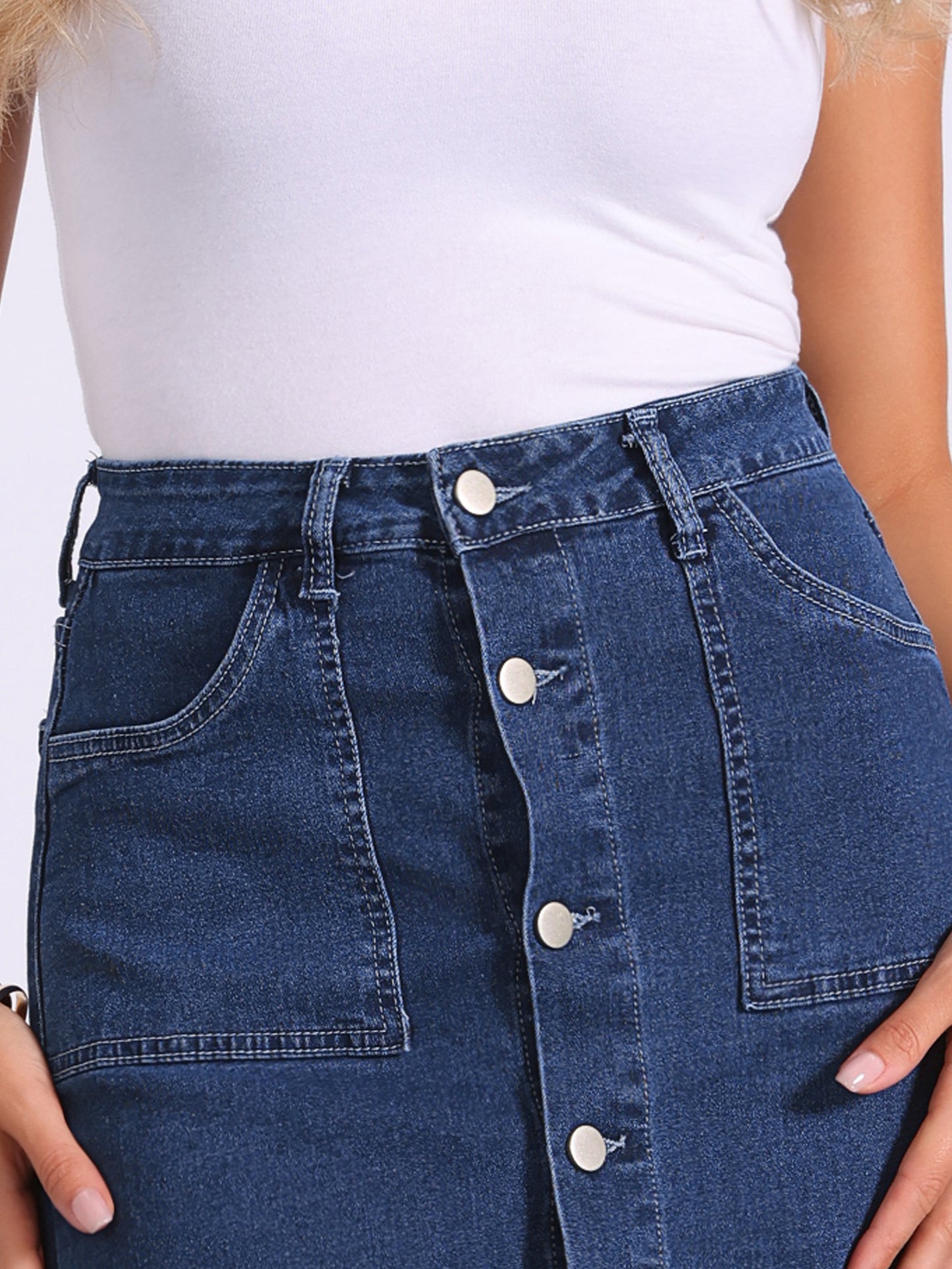 Falda vaquera midi con botones, cintura alta, dobladillo deshilachado y botones para mujer