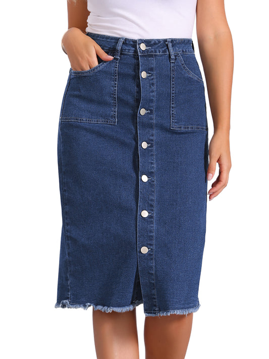 Falda vaquera midi con botones, cintura alta, dobladillo deshilachado y botones para mujer