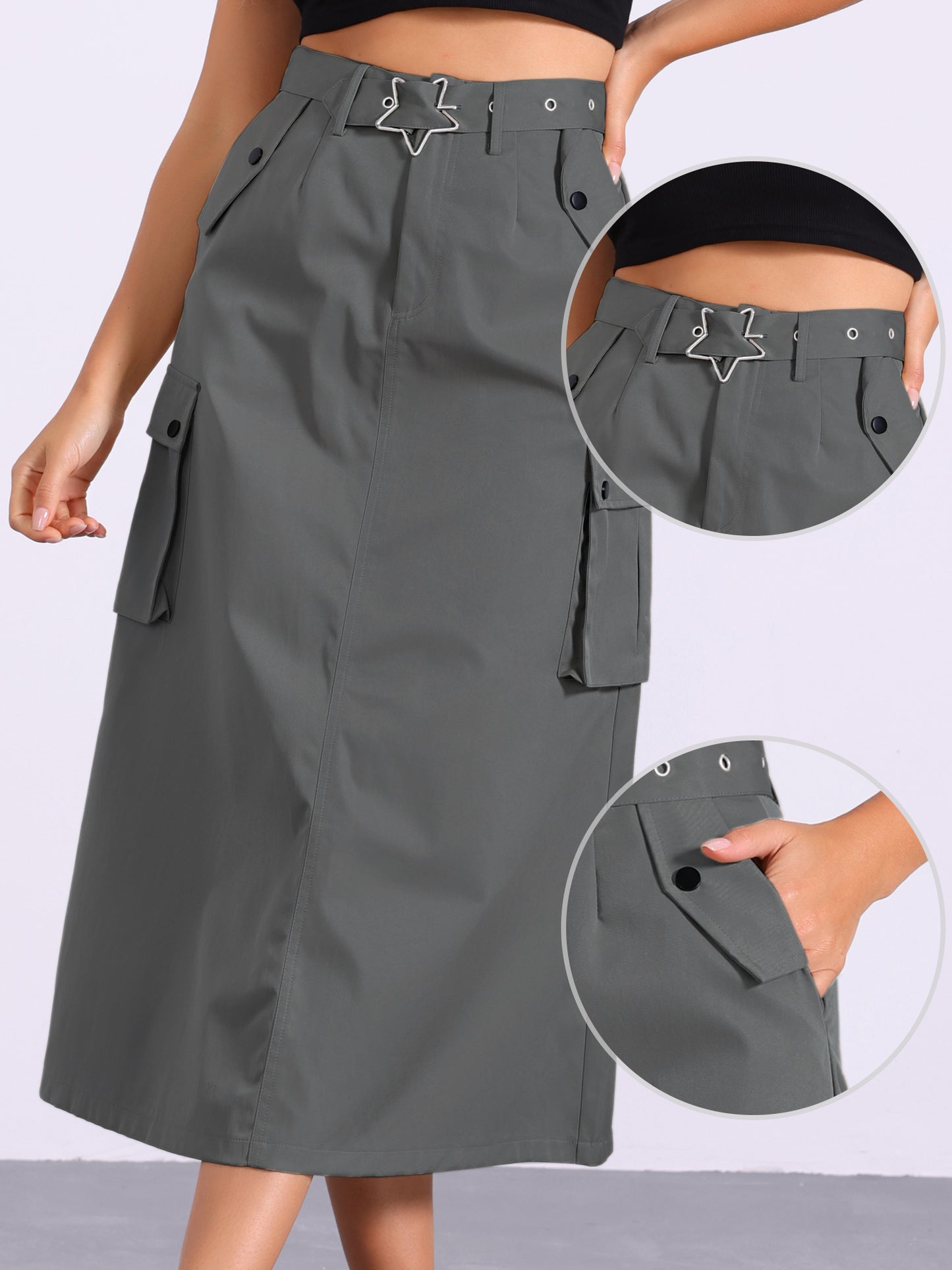 Women's Midi Cargo Skirt Streetwear Zip High Waisted  Straight Long Skirt with Pockets