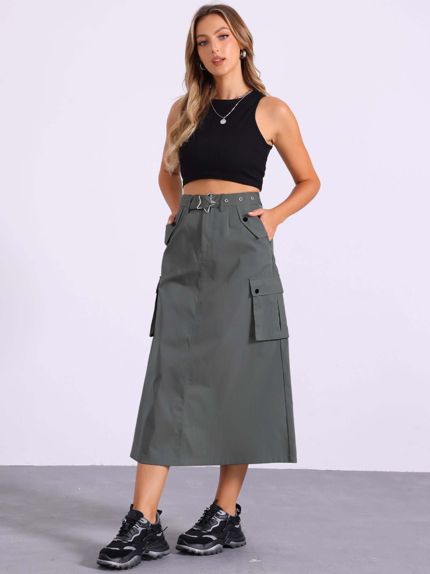 Women's Midi Cargo Skirt Streetwear Zip High Waisted  Straight Long Skirt with Pockets