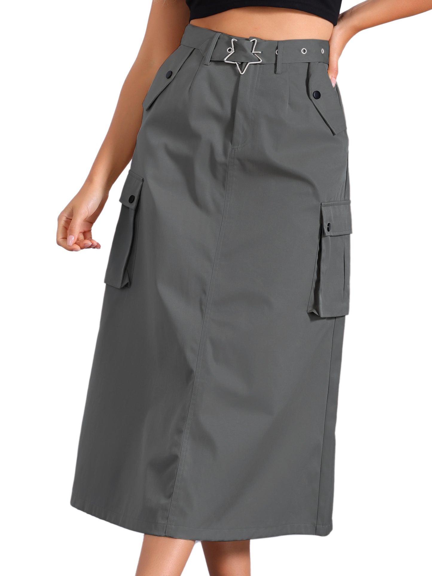 Women's Midi Cargo Skirt Streetwear Zip High Waisted  Straight Long Skirt with Pockets