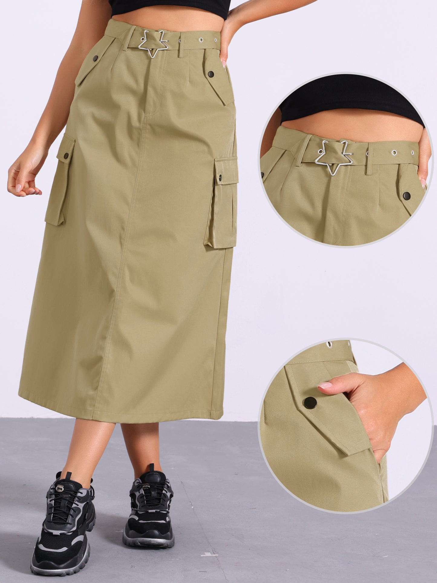 Falda larga recta de cintura alta con cremallera y bolsillos para mujer