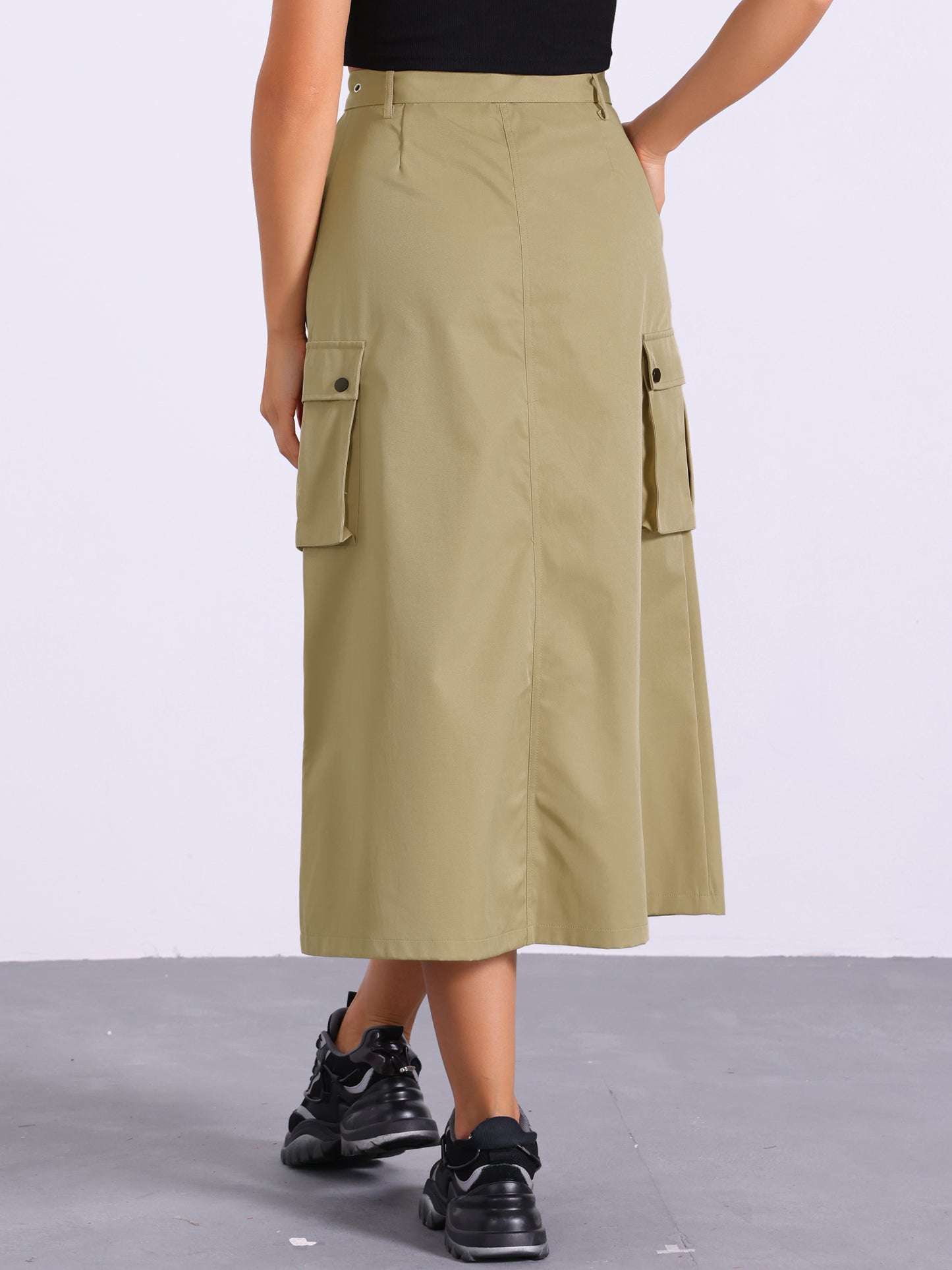 Falda larga recta de cintura alta con cremallera y bolsillos para mujer