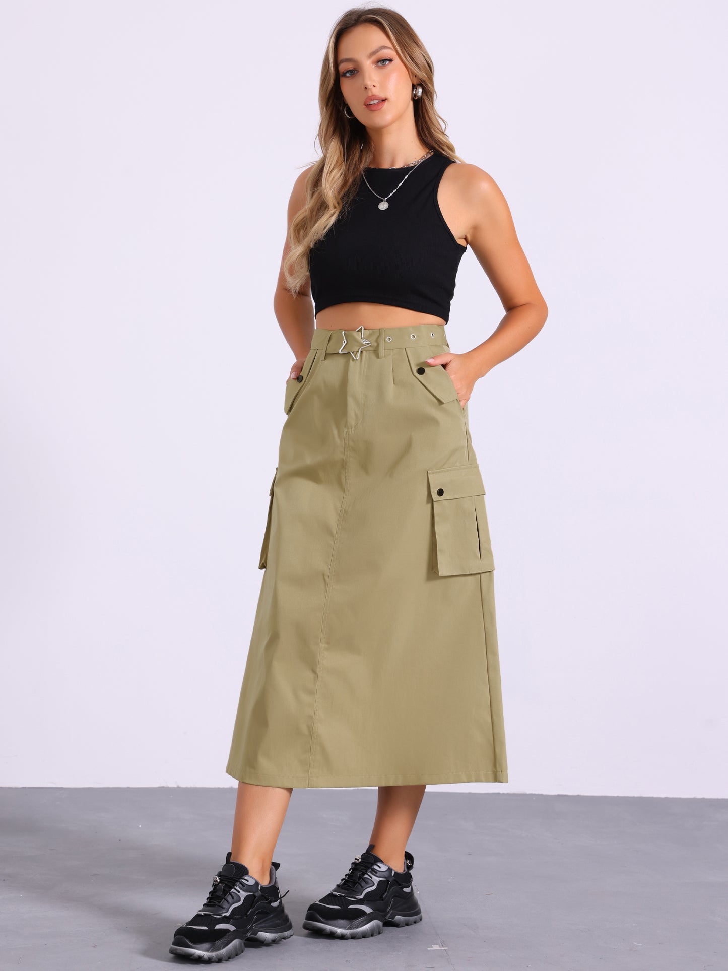 Falda larga recta de cintura alta con cremallera y bolsillos para mujer