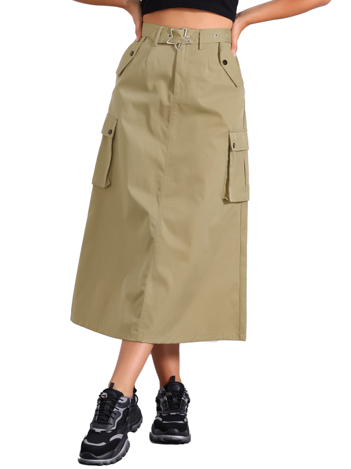 Falda larga recta de cintura alta con cremallera y bolsillos para mujer