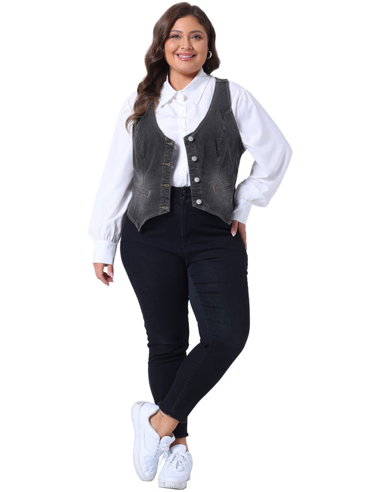 Women Plus Size Denim Vest Jean Top Button Down Waistcoat Casual Sleeveless Jacket
