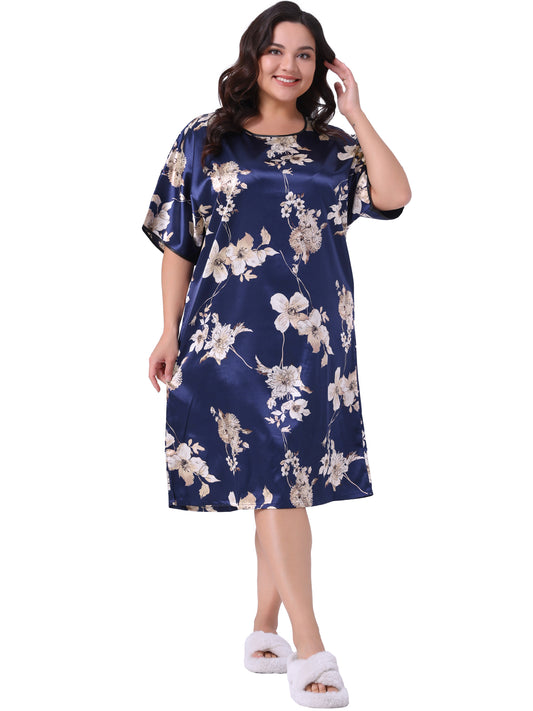 Women Plus Size Nightgown Satin Floral Print Short Sleeve Round Neck Midi Sleepwear
