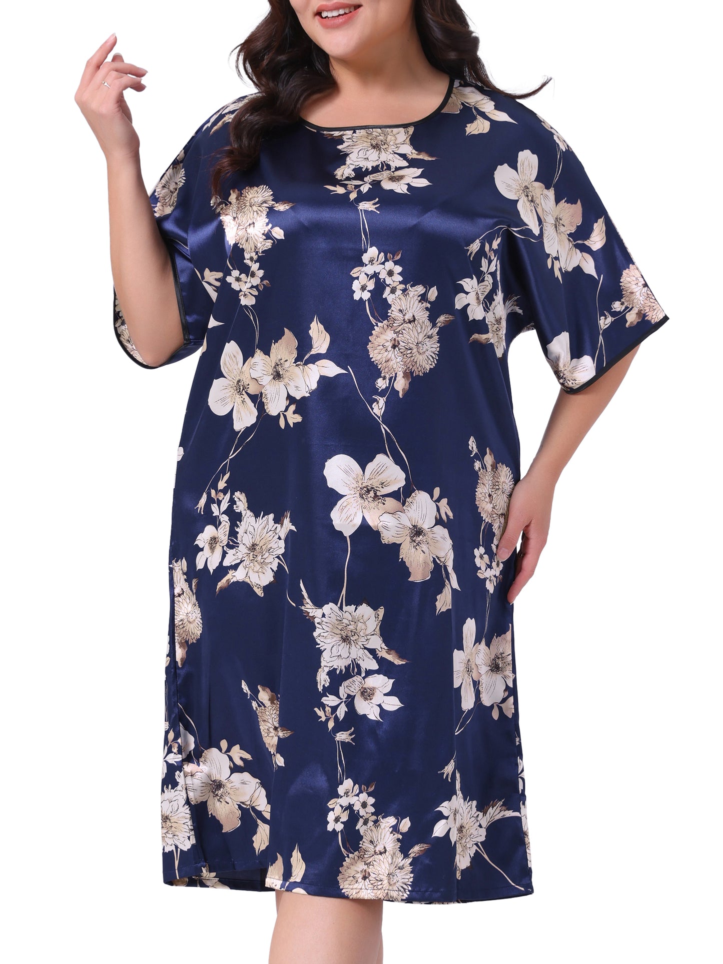 Women Plus Size Nightgown Satin Floral Print Short Sleeve Round Neck Midi Sleepwear