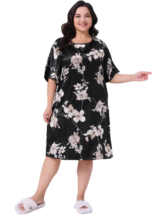 Women Plus Size Nightgown Satin Floral Print Short Sleeve Round Neck Midi Sleepwear