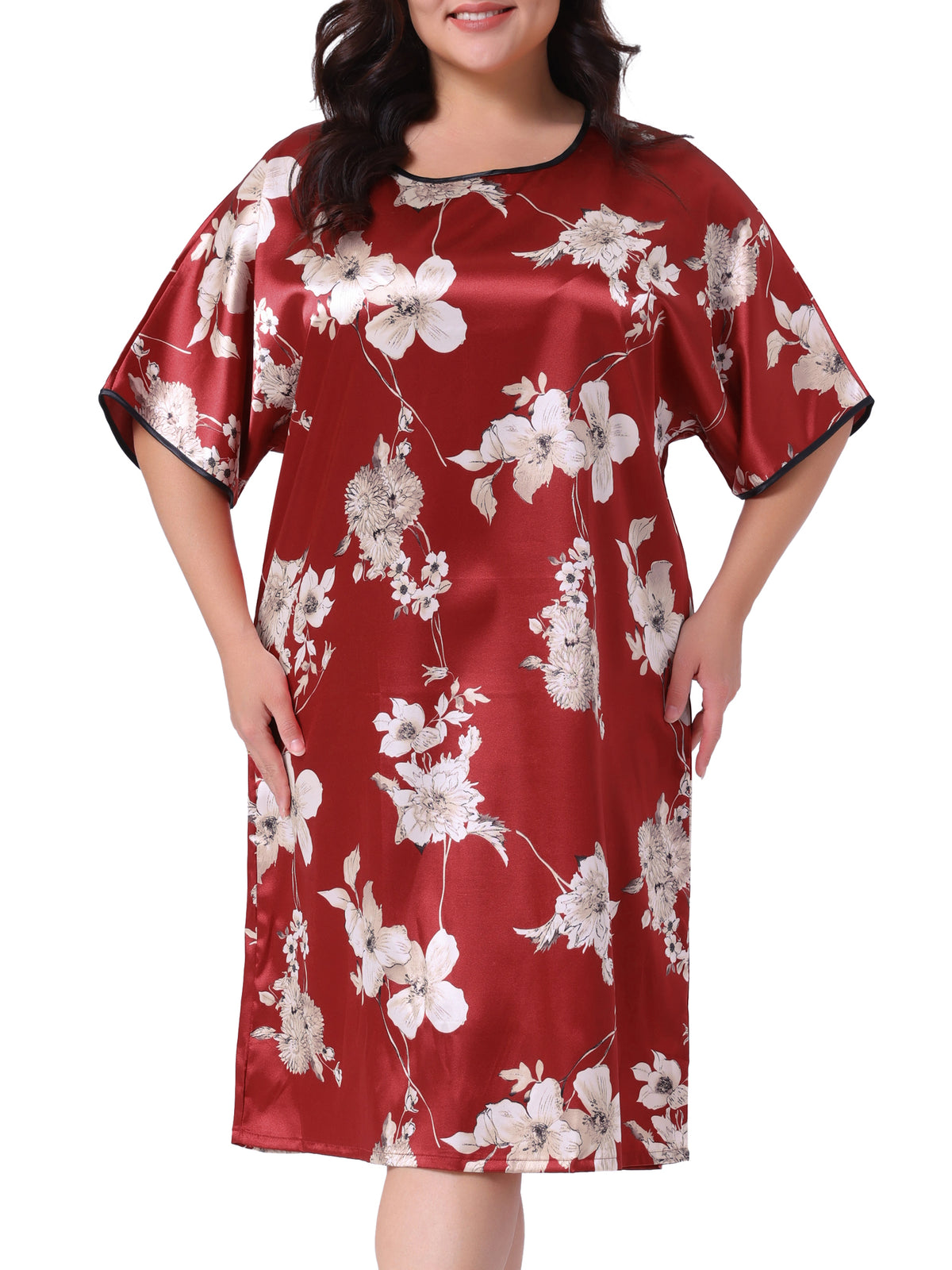 Women Plus Size Nightgown Satin Floral Print Short Sleeve Round Neck Midi Sleepwear