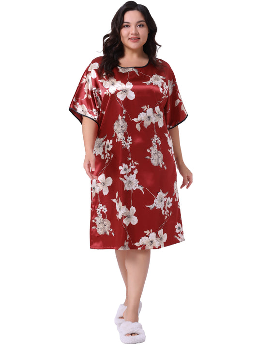 Women Plus Size Nightgown Satin Floral Print Short Sleeve Round Neck Midi Sleepwear