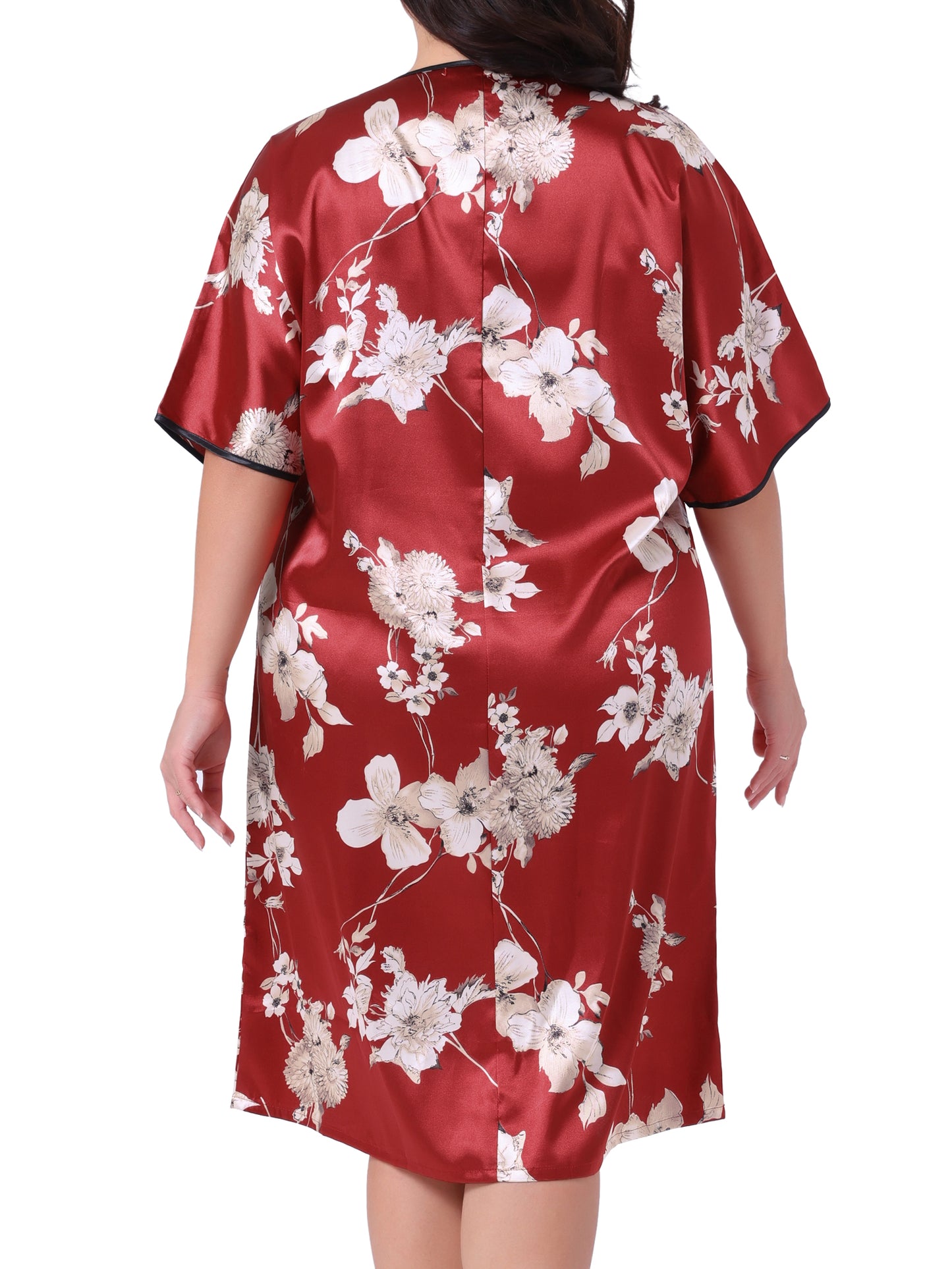 Women Plus Size Nightgown Satin Floral Print Short Sleeve Round Neck Midi Sleepwear
