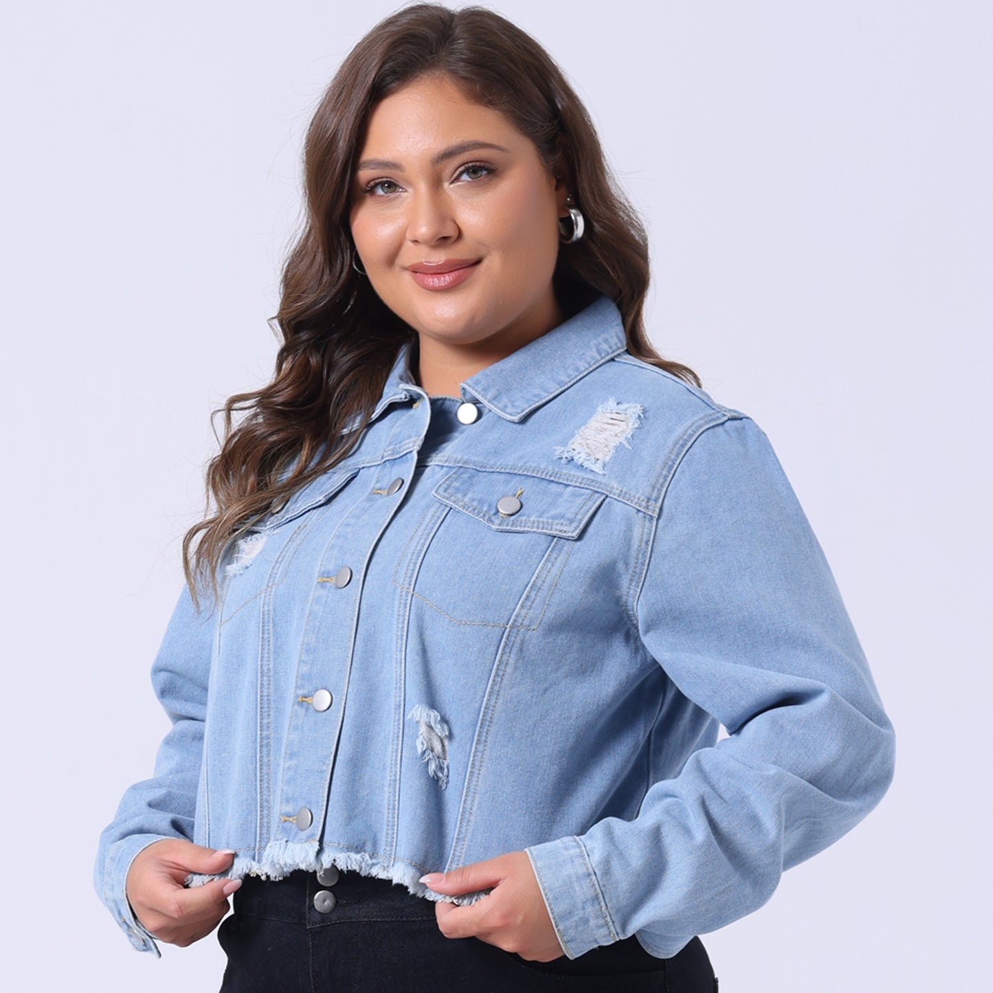 Chaqueta vaquera de talla grande para mujer, lavada, con botones delanteros, manga larga, deshilachada y rasgada