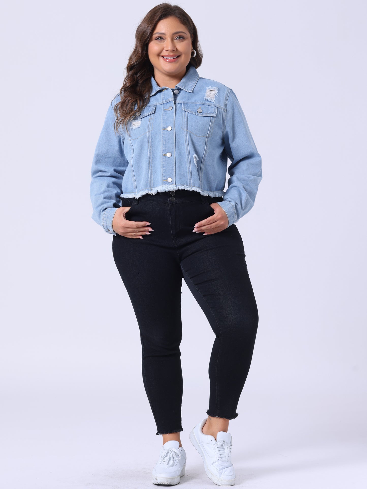 Chaqueta vaquera de talla grande para mujer, lavada, con botones delanteros, manga larga, deshilachada y rasgada