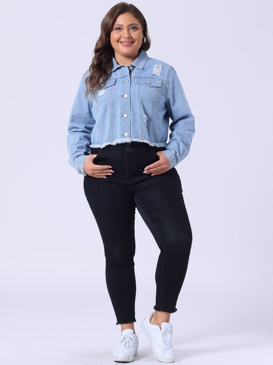 Chaqueta vaquera de talla grande para mujer, lavada, con botones delanteros, manga larga, deshilachada y rasgada