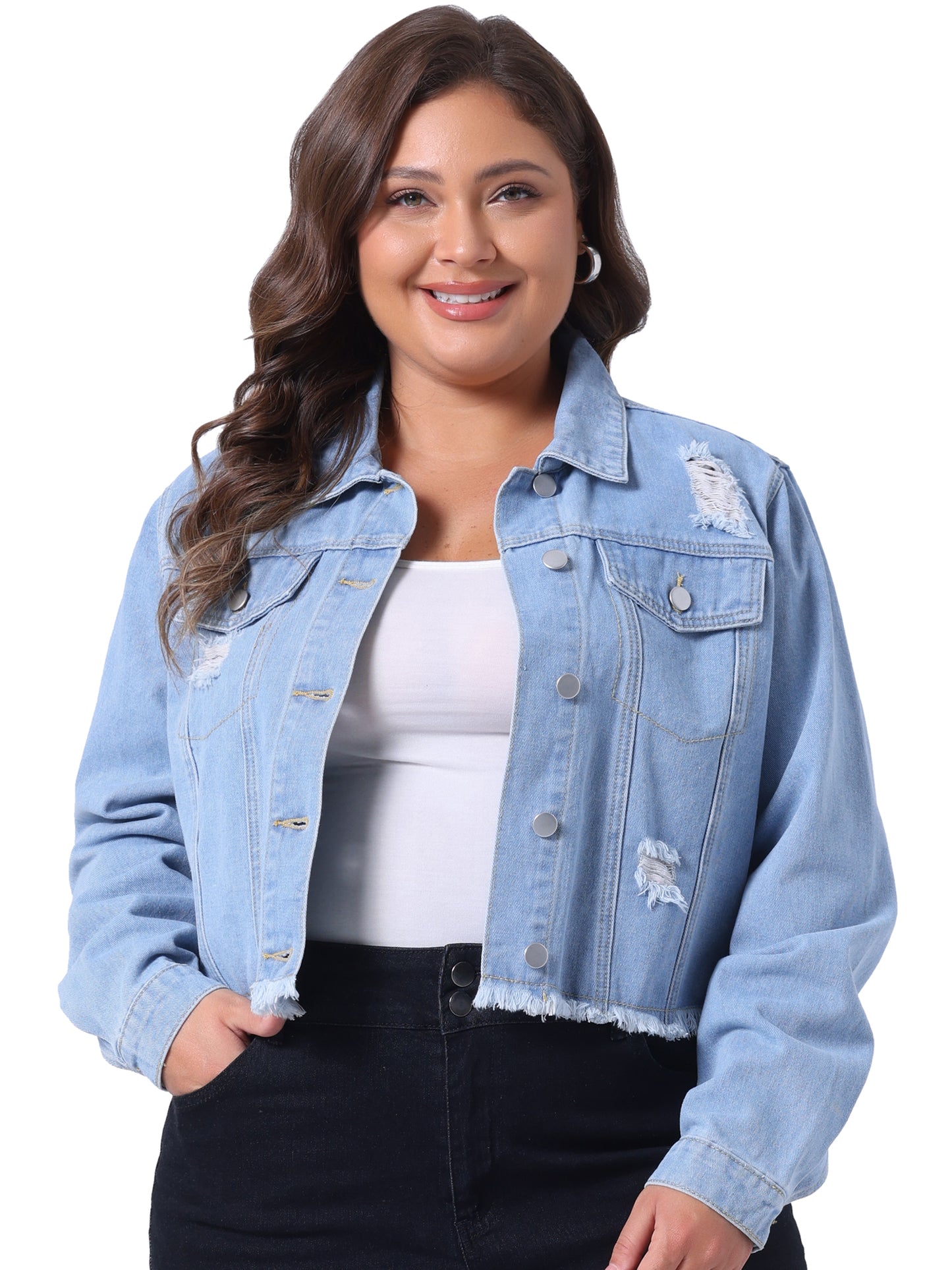 Chaqueta vaquera de talla grande para mujer, lavada, con botones delanteros, manga larga, deshilachada y rasgada