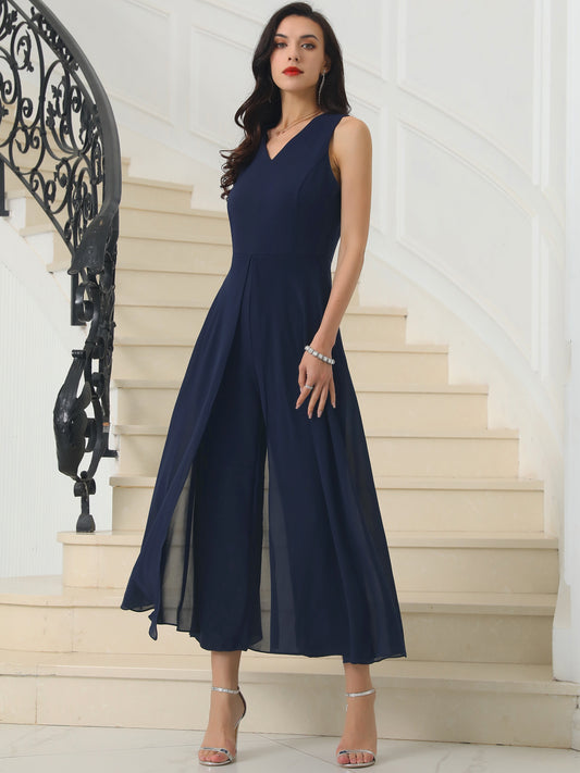 Women's Wide Leg Jumpsuits Chiffon V Neck Cocktail Sleeveless Jumpsuit