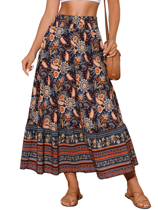 Women's Bohemian Print High Waist A Line Flowy Summer Maxi Skirt