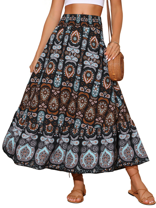 Women's Bohemian Print High Waist A Line Flowy Summer Maxi Skirt