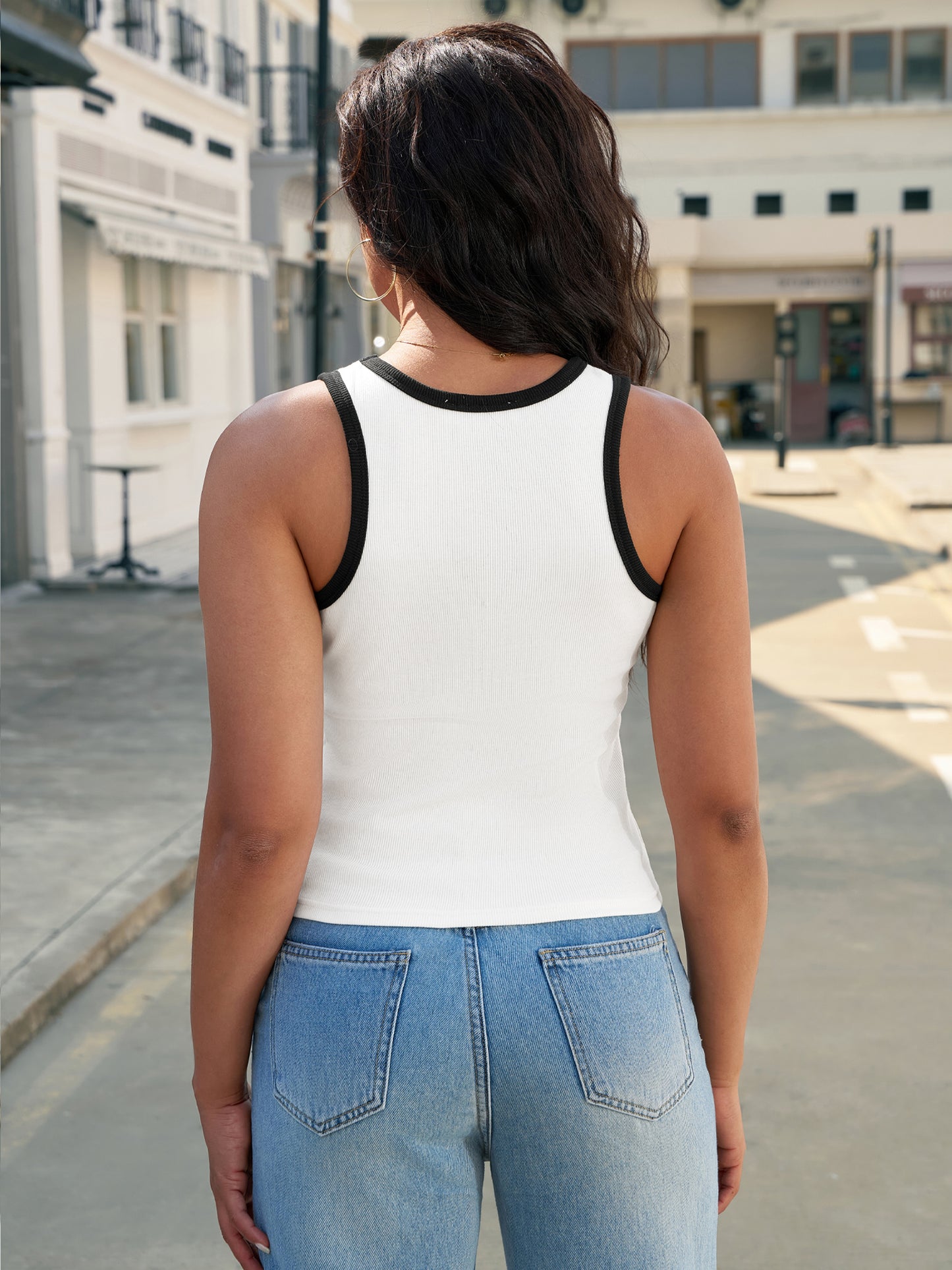 Camisetas sin mangas de verano para mujer, con espalda cruzada acanalada, ribete en contraste, cuello redondo, corte entallado, informal, básica