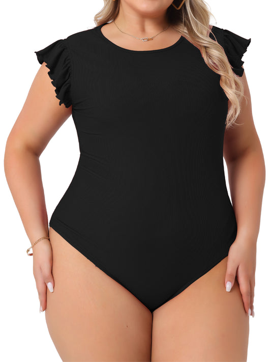 Body de talla grande para mujer, cuello redondo, volantes, sin mangas, ajustado, informal, básico, elástico