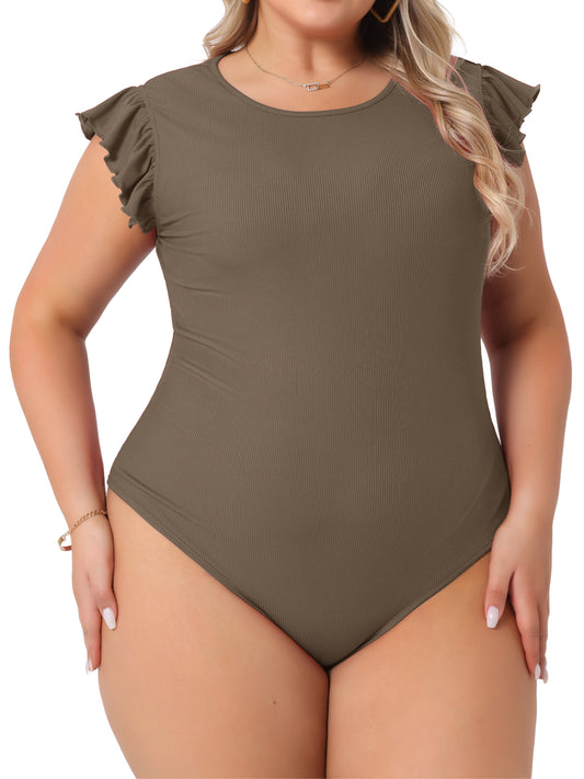 Body de talla grande para mujer, cuello redondo, volantes, sin mangas, ajustado, informal, básico, elástico