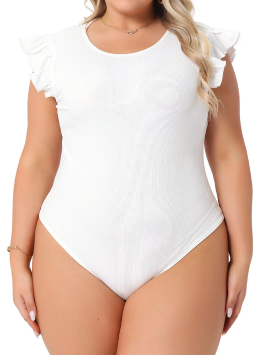 Body de talla grande para mujer, cuello redondo, volantes, sin mangas, ajustado, informal, básico, elástico
