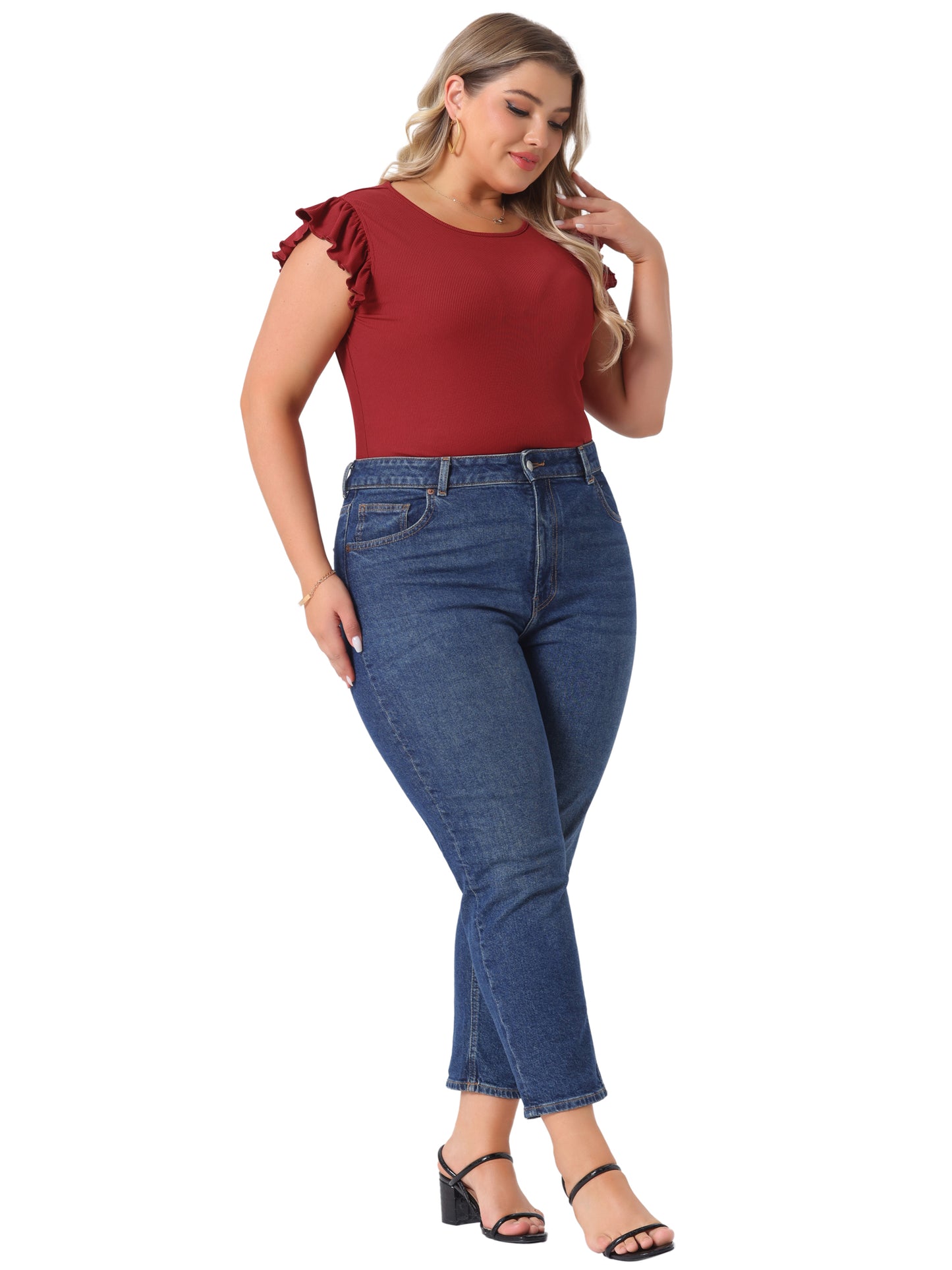 Body de talla grande para mujer, cuello redondo, volantes, sin mangas, ajustado, informal, básico, elástico
