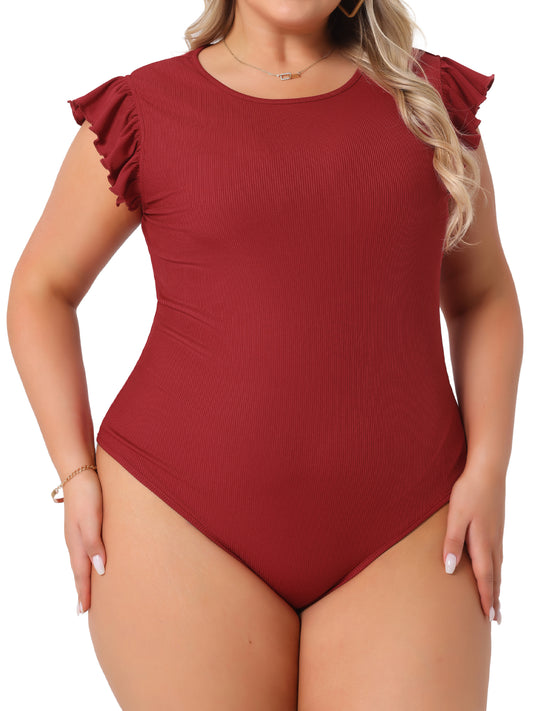 Body de talla grande para mujer, cuello redondo, volantes, sin mangas, ajustado, informal, básico, elástico