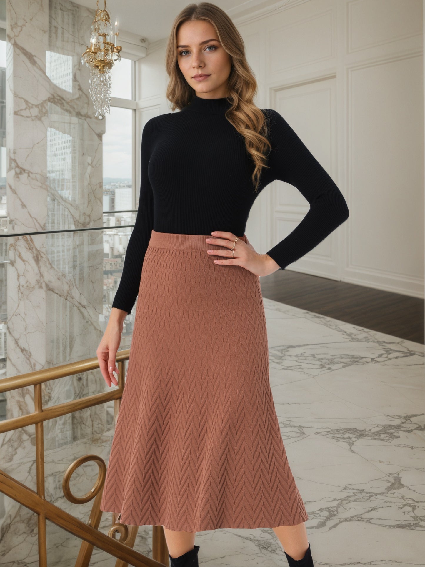 Women's Ribbed Knit A-Line Skirts Elastic High Waist Stretchy Sweater Midi Skirt