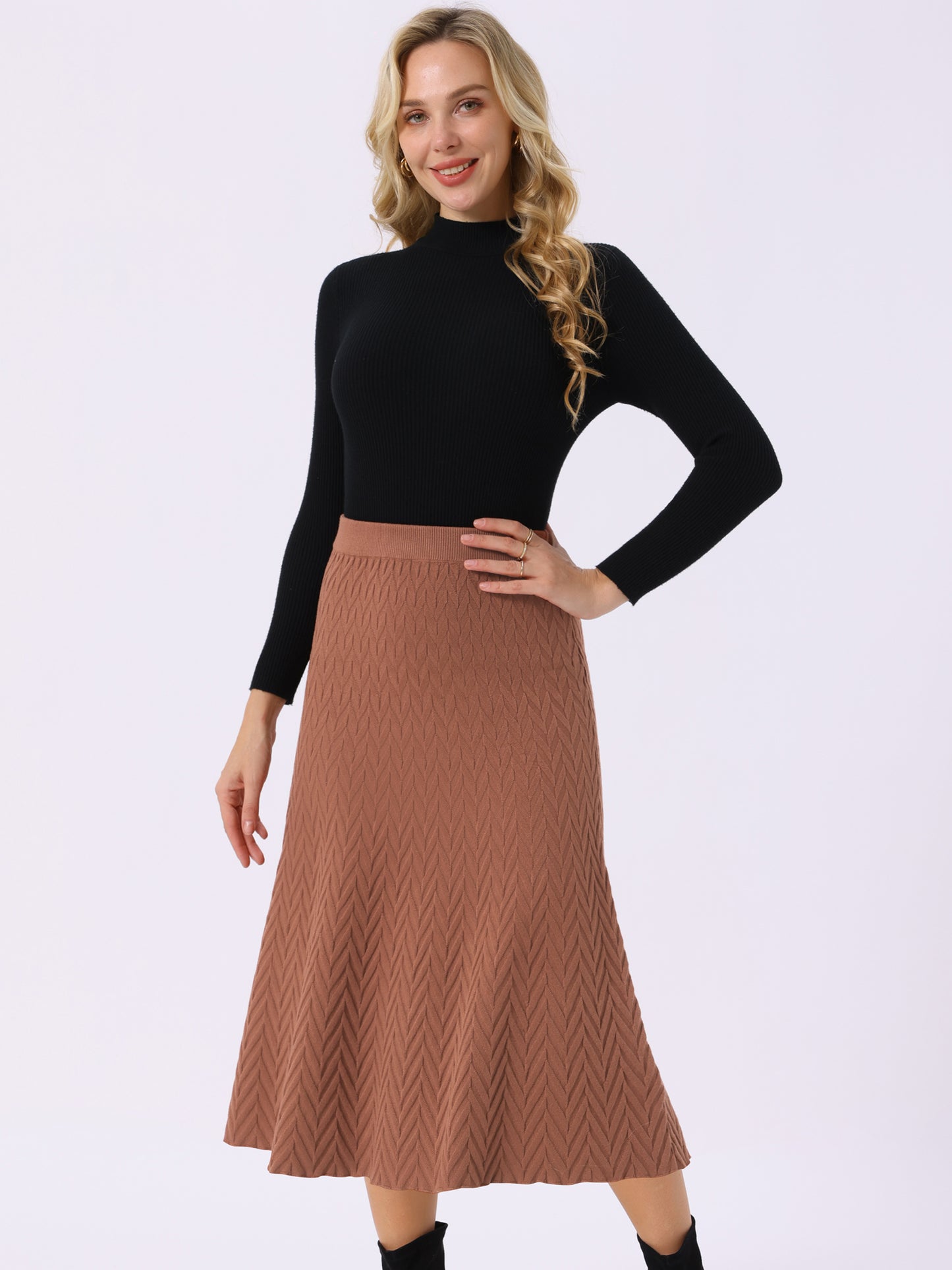 Women's Ribbed Knit A-Line Skirts Elastic High Waist Stretchy Sweater Midi Skirt