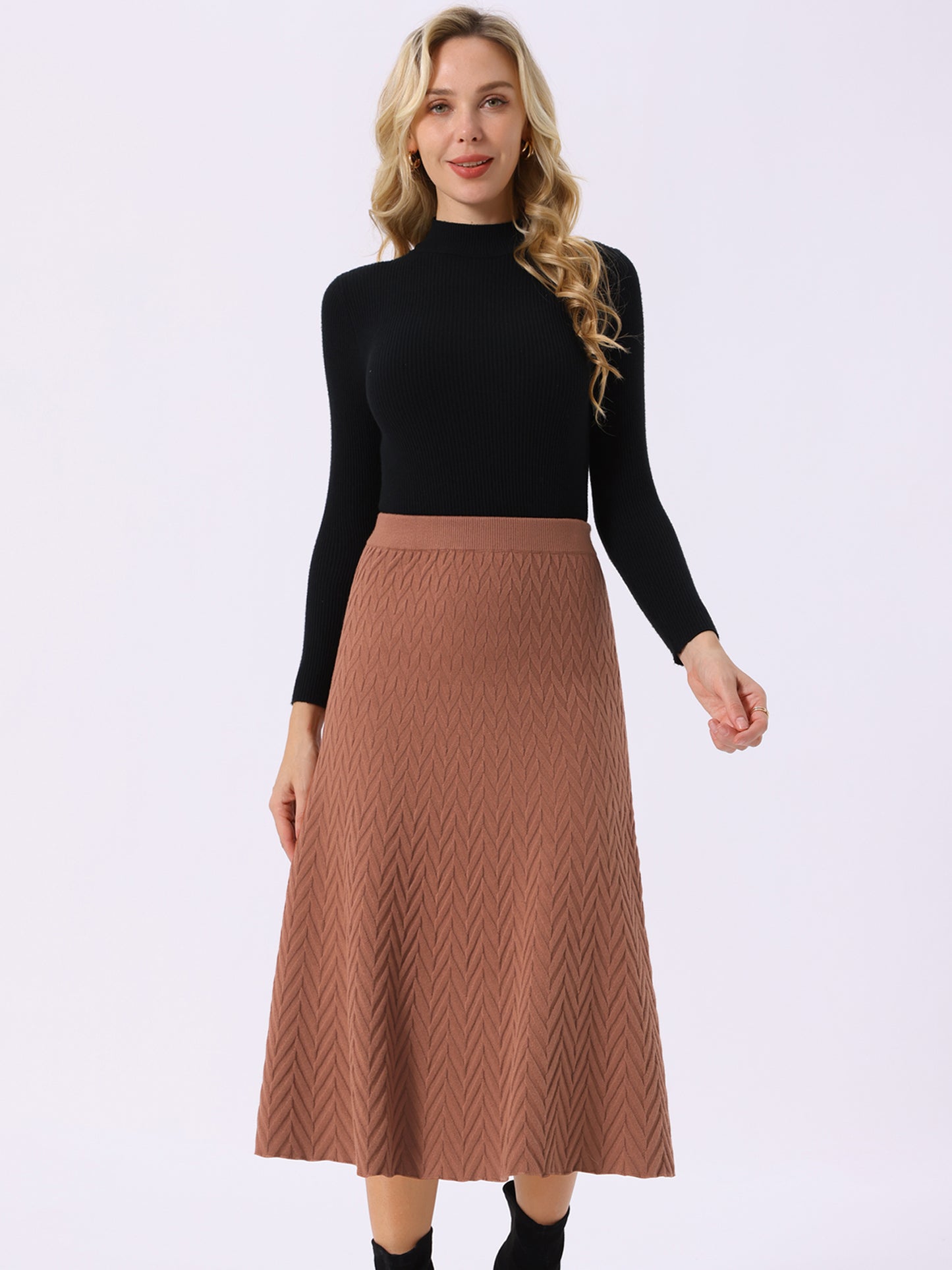 Women's Ribbed Knit A-Line Skirts Elastic High Waist Stretchy Sweater Midi Skirt