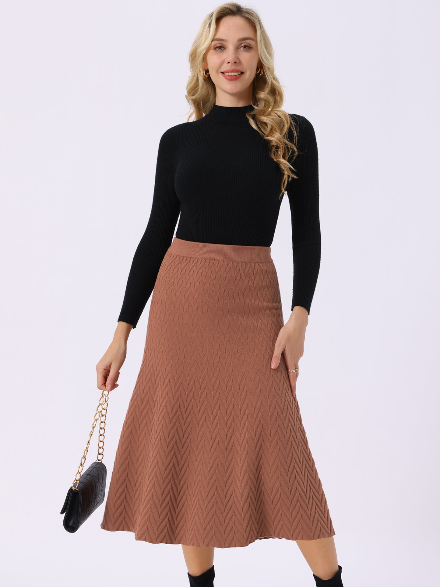 Women's Ribbed Knit A-Line Skirts Elastic High Waist Stretchy Sweater Midi Skirt